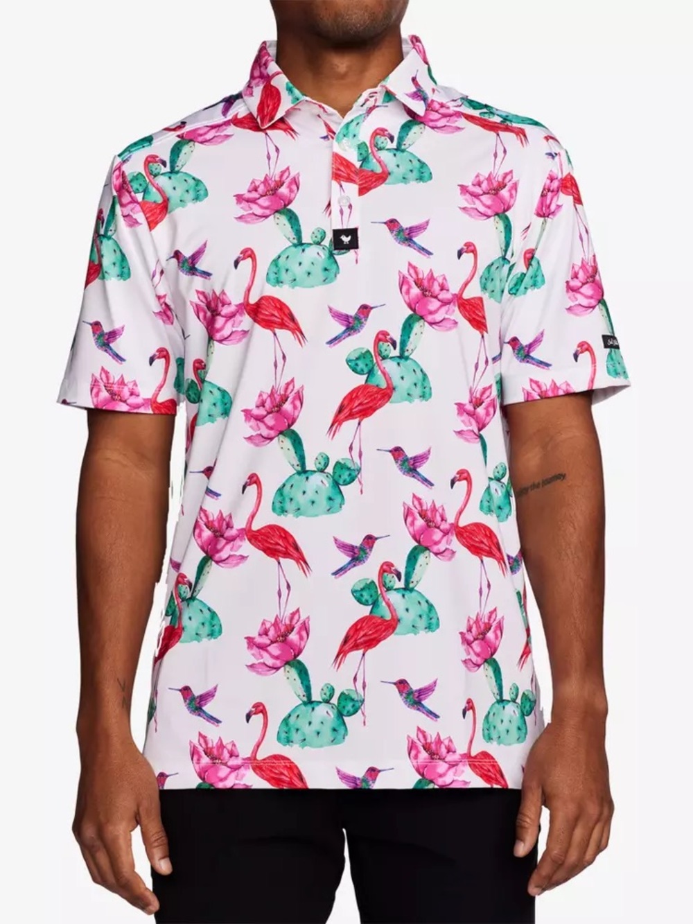 Bad Birdie Pink Floral & Green Cactus Flamingo Print Polo